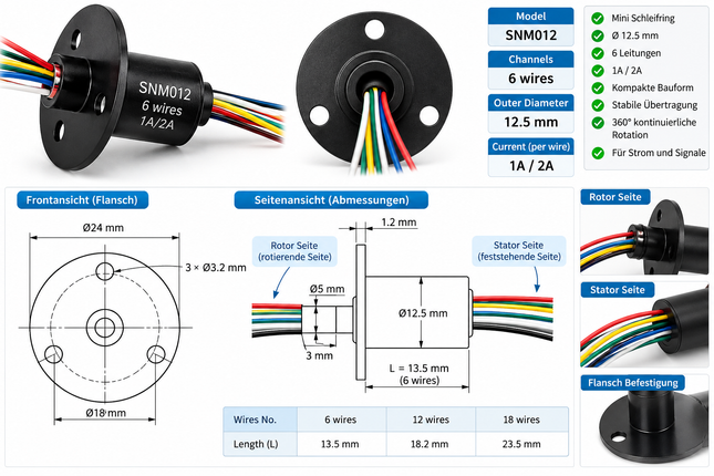 Mini Schleifring SNM012 12,5mm 6 Kanäle 1A/2A Drehdurchführung