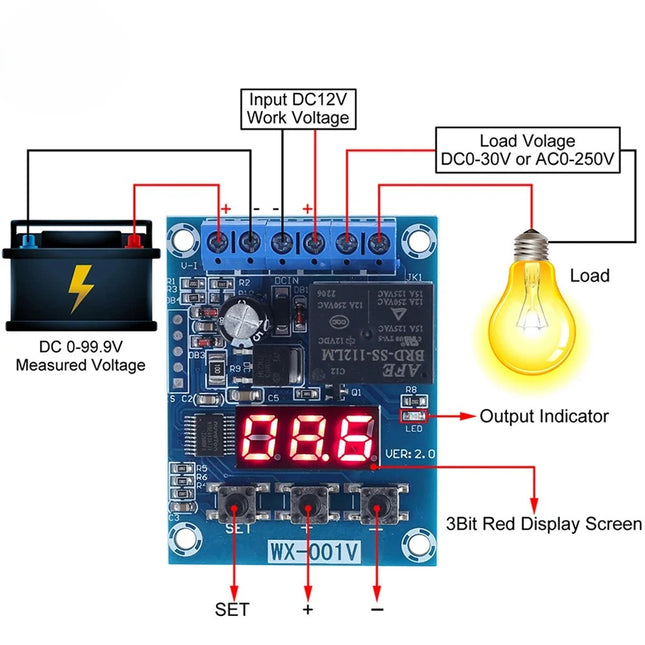 Batteriespannungs-Überwachungsmodul 0–99 V – Lade- und Entladeschutz mit Relais  Digitale Spannungsanzeige