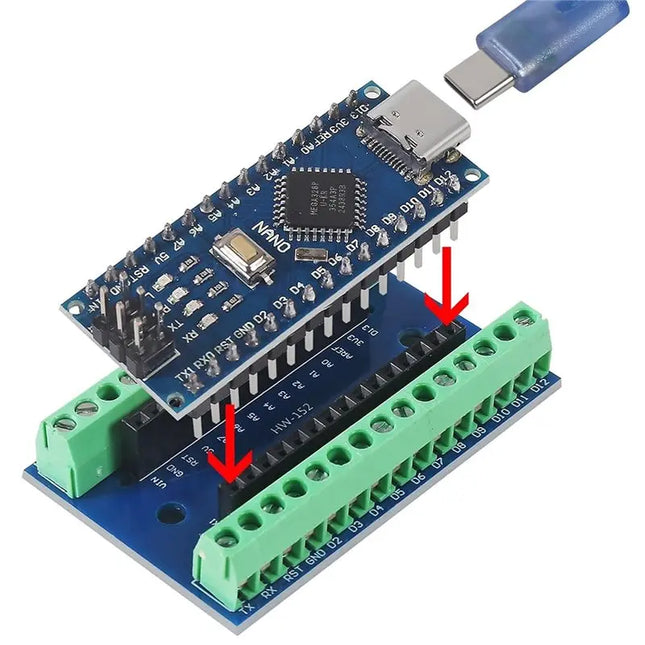 Arduino Nano V3 Set mit Breakout Board – Terminal Adapter CH340 USB Type C 2in1