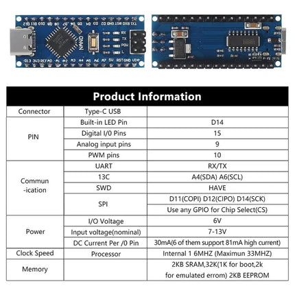 Arduino Nano V3 Set mit Breakout Board – Terminal Adapter CH340 USB Type C 2in1