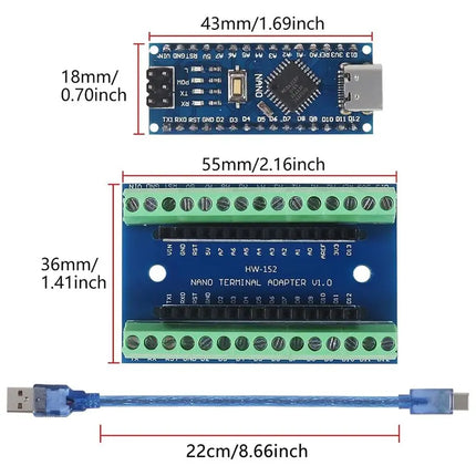 Arduino Nano V3 Set mit Breakout Board – Terminal Adapter CH340 USB Type C 2in1