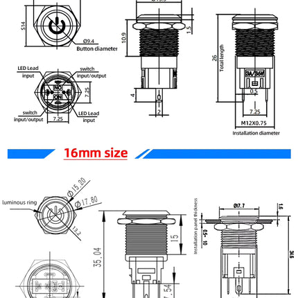LED Drucktaster 16mm Metall 5V 12V 24V Ein Aus Taster